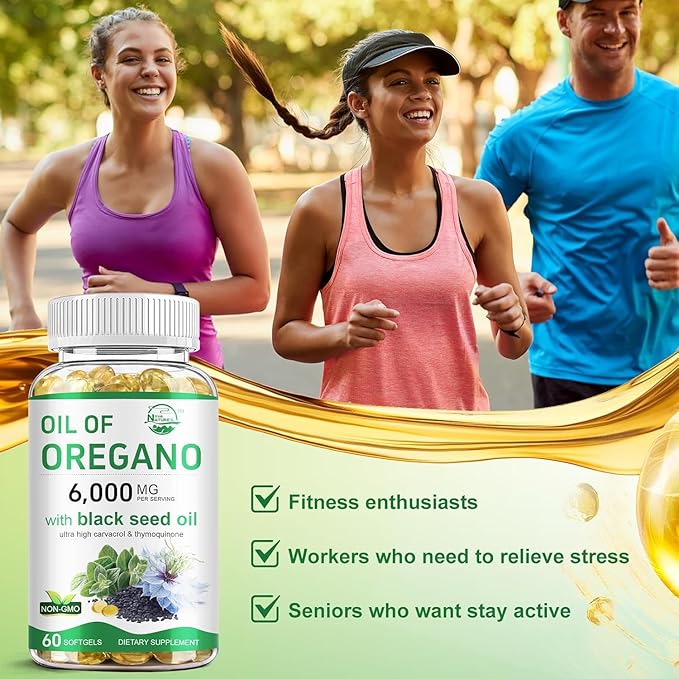 Nature's live Oil of Oregano with Black Seed Oil, 2 in 1 Oregano Supplement for Immune Health, Retains High Concentrated Carvacrol & Thymoquinone, Non-GMO, 60 Softgels, 1 Pack