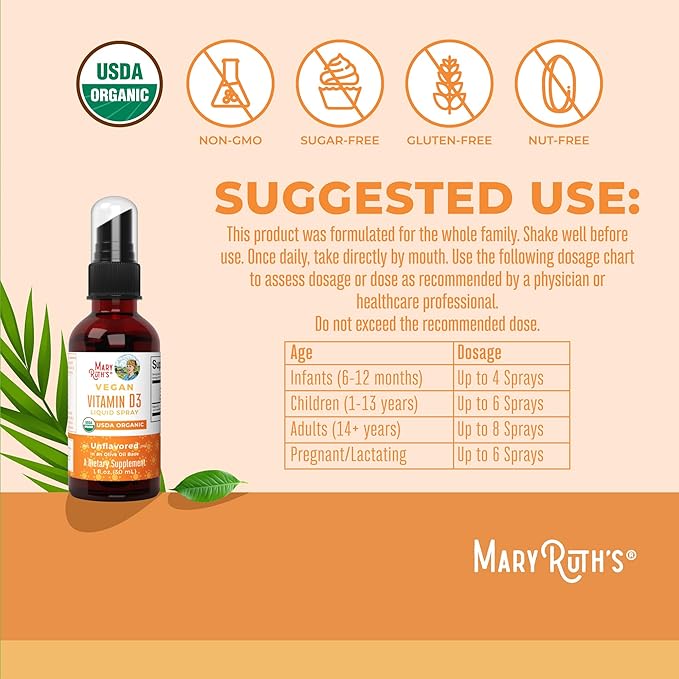 Vitamin D USDA Organic | Vitamin D3 Liquid | Sugar Free | Liquid Vitamin D Spray Immune Support for Adults & Kids | Bone Health | VIT D3 | Vegan | Gluten Free | Non-GMO | 30 Servings