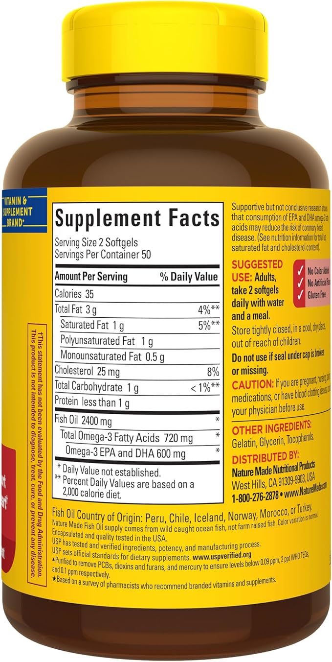 Nature Made Fish Oil Omega 3 Supplements, 1200mg Softgels, Omega 3 Fish Oil for Healthy Heart Support, 100 Softgels, 50 Day Supply