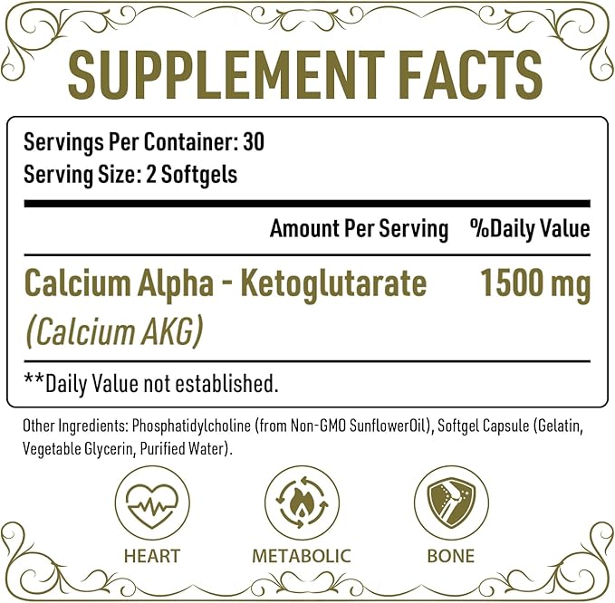 Liposomal Calcium AKG Supplement 1500 MG (Alpha-Ketoglutaric Acid), High Absorption, More Effective Than AAKG, Ca AKG for Longevity, Age Defense, Cellular Energy, Metabolic Function, 180 Softgels