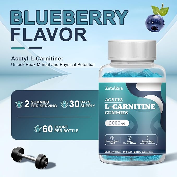 Acetyl L-Carnitine Gummies, L-Carnitine Supplement for Women & Men, with Vitamin C & B12, ALCAR for Energy, Brain & Heart Health Support, Vegan, Non-GMO, Sugar Free, 60 Count