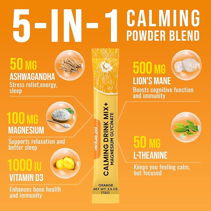 Venture Pal Magnesium Glycinate Powdered Calming Drink Mix with Ashwagandha, Vitamin D, L-Theanine, Lions Mane, Sugar Free Magnesium Supplement Blend for Calm, Relax & Focus, Non GMO, Vegan, 16 Sticks