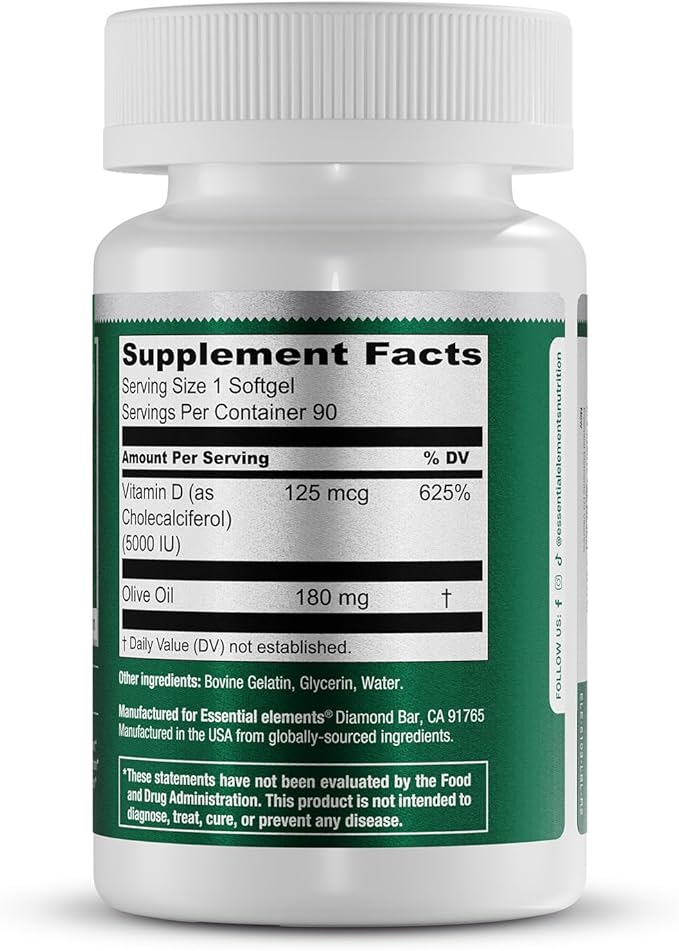 Essential Elements D3 Vitamins 5000 IU Softgels with Olive Oil for Bone, Muscle, & Immune Support