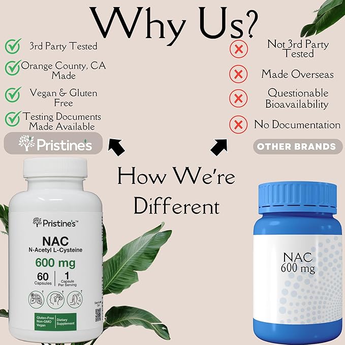 PRISTINE'S N-Acetyl L-Cysteine (NAC) Immunity, Lung, & Liver Support Supplement Capsules - 600MG 60 Day Supply - Potent Antioxidant - Vegan, Gluten Free, Non GMO