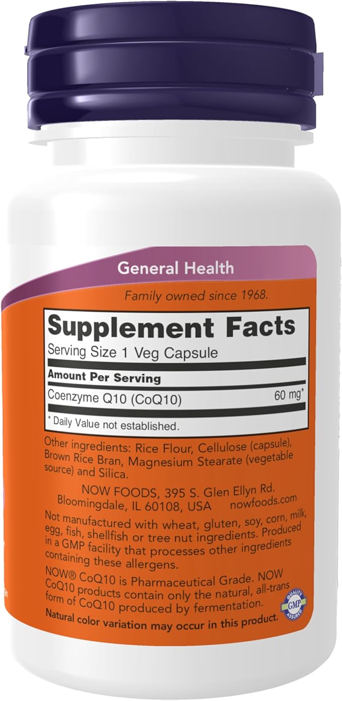 NOW Foods Supplements, CoQ10 60 mg, Pharmaceutical Grade, All-Trans Form of CoQ10 Produced by Fermentation, 60 Veg Capsules