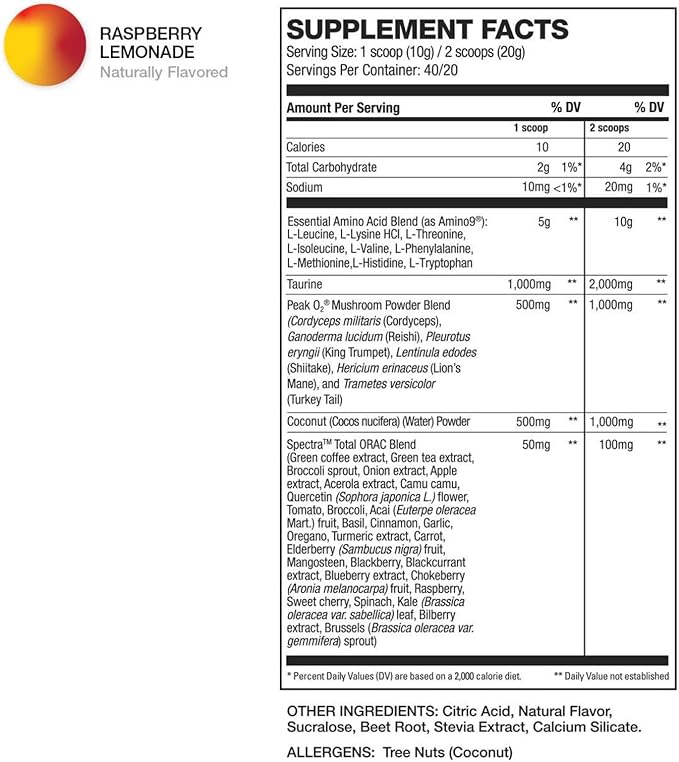 HD MUSCLE IntraHD Essential Aminos | Intra Workout Recovery Supplement | 10g EAAs, 100mg Spectra, 1g Coconut Water Powder | 40/20 Servings (Raspberry Lemonade)