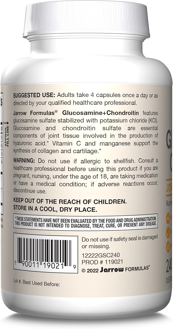 Jarrow Formulas Glucosamine + Chondroitin - 240 Capsules - Nutrient Support of Joint Health - With Vitamin C & Manganese - 60 Servings
