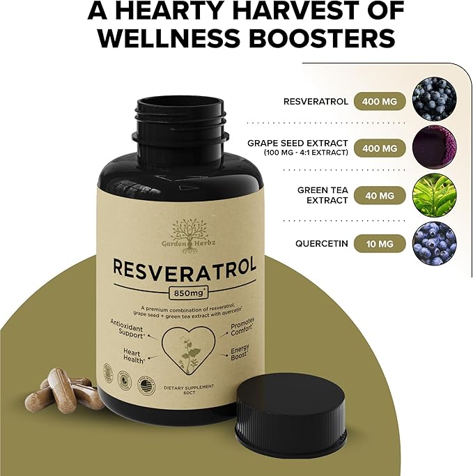 Resveratrol Supplement with Quercetin & Grape Seed – 850mg Herbal Blend, High Potency Polyphenols & Antioxidants for General Wellness, 60 Vegan Capsules