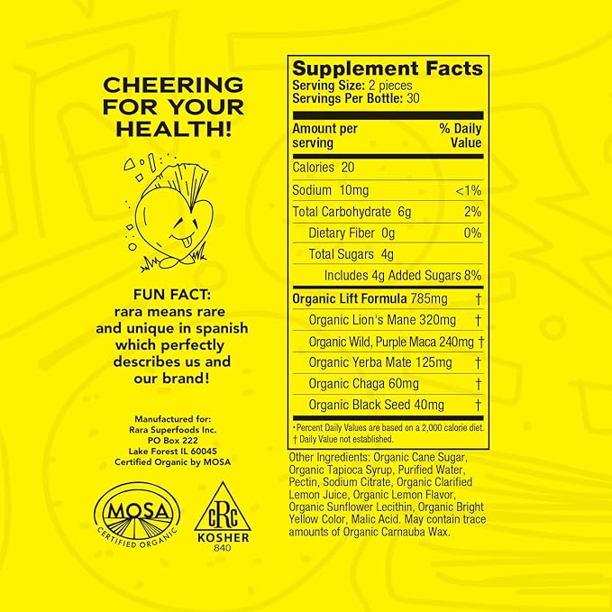 Lift Focus USDA Organic Certified Gummies – Natural Brain Support Supplement, Vegan & Gluten-Free, Infused with Yerba Mate, Lion’s Mane, Wild Purple Maca & Chaga (60 Gummies, Lift)