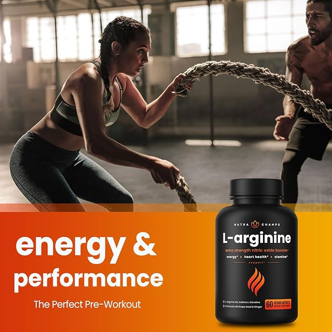NutraChamps Premium L Arginine Supplement, 5-in-1 Nitric Oxide Supplement, L-Arginine Powder & L Citrulline Enhanced with Grape Seed & Ginger, Energy, Blood Flow, 60 Vegan Capsules