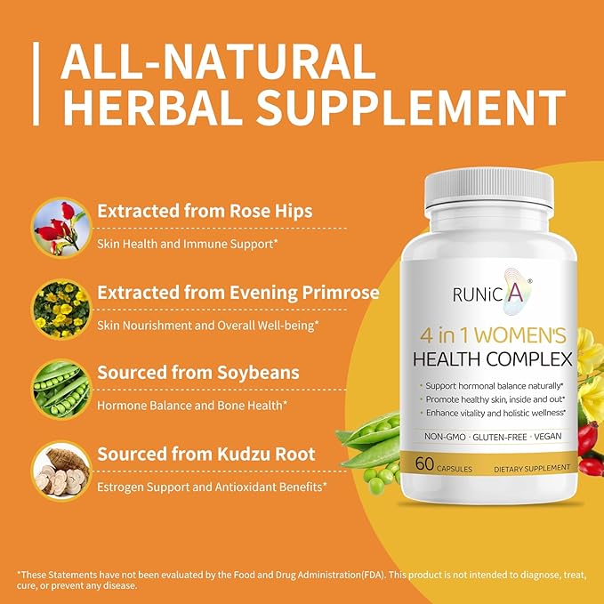 4-in-1 Women's Health Complex | Hormone Balance Vitamins for Women with Soy Isoflavones, Pueraria Mirifica, Evening Primrose, Rosehip | Perimenopause & Menopause Support, 60 Vegan Capsules