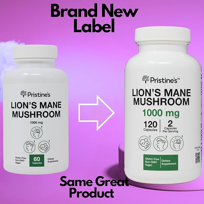 PRISTINE'S Lion's Mane Mushroom Supplement Capsules - Focus & Cognitive Function Adaptogen - 1000mg 60 Day Supply - Immunity, Memory and Focus for Adults - Vegan - Non-GMO