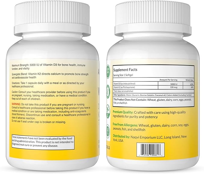 Vitamin D3 5000 IU with K2 100 mcg, 100 Soft-Gels for Healthy Muscle Function, 2 in 1 Support Immune, Optimal Calcium Absorption. Non-GMO, Gluten-Free, Soy-Free, Dairy-Free.