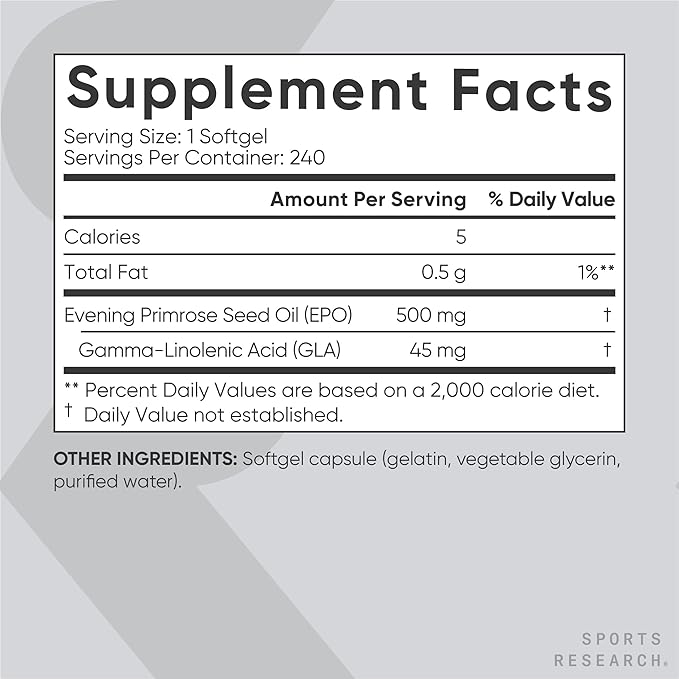 Sports Research Evening Primrose Oil (500mg) Cold-Pressed with No fillers or Artificial Ingredients, Non-GMO Tested - Gluten & Soy Free (240 Liquid Softgels)