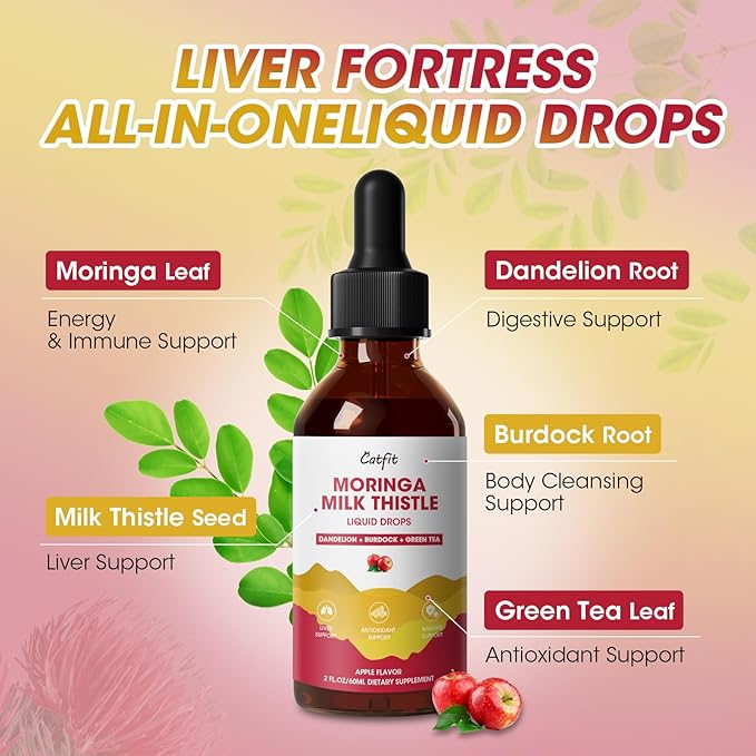 Moringa Milk Thistle Liquid Drops - Liver Health, Immune Support, Antioxidant Blend with Burdock, Green Tea & Dandelion - Moringa Capsules Alternative - Vegan, Apple Flavor,2 Fl Oz