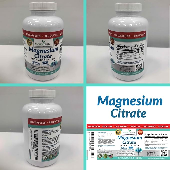 Magnesium Citrate 400mg - 200 Capsules - High Potency for Sleep, Leg Cramps, Extra Strength Absorption, Easy to Swallow Pills for Women & Men, Vegan Supplement Not Tablets - Made in USA