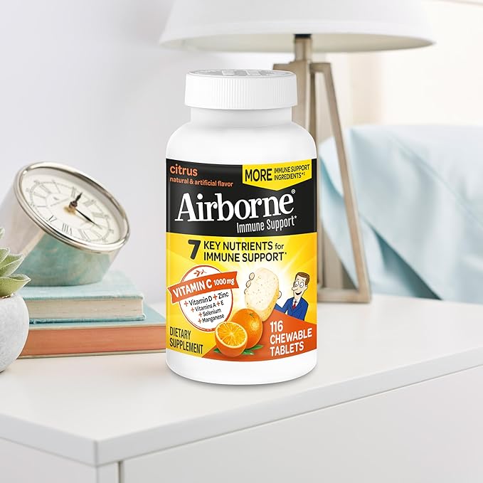Airborne Vitamin C 1000mg (per Serving) - Citrus Chewable Tablets (116 Count in a Bottle), Gluten-Free Immune Support Supplement, with Vitamins A C E, Zinc, Selenium, Echinacea, Ginger, Antioxidants