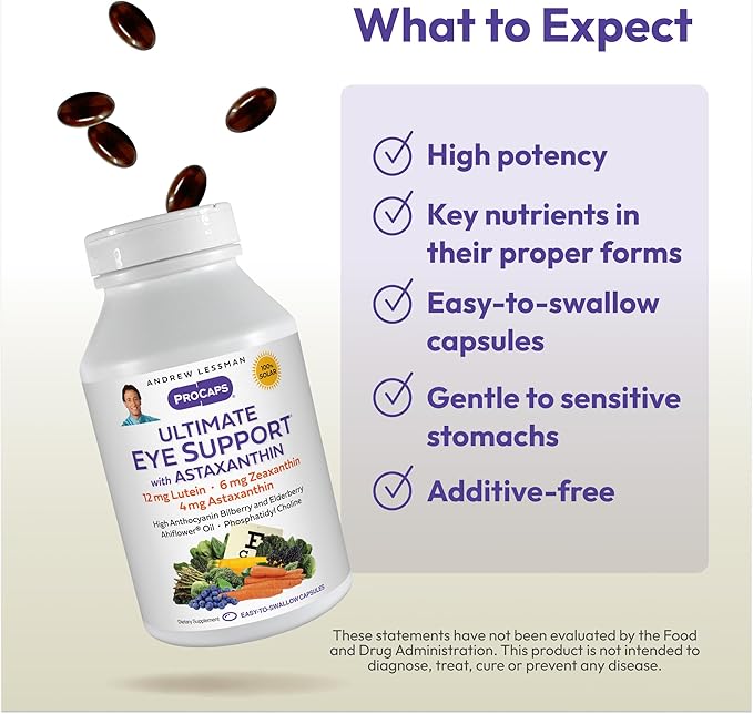 ANDREW LESSMAN Ultimate Eye Support with Astaxanthin 180 Softgels - 12mg Lutein, 6mg Zeaxanthin, 4mg Astaxanthin, Bilberry. Key Nutrients to Support Eye Health, Promote Healthy Vision. No Additives