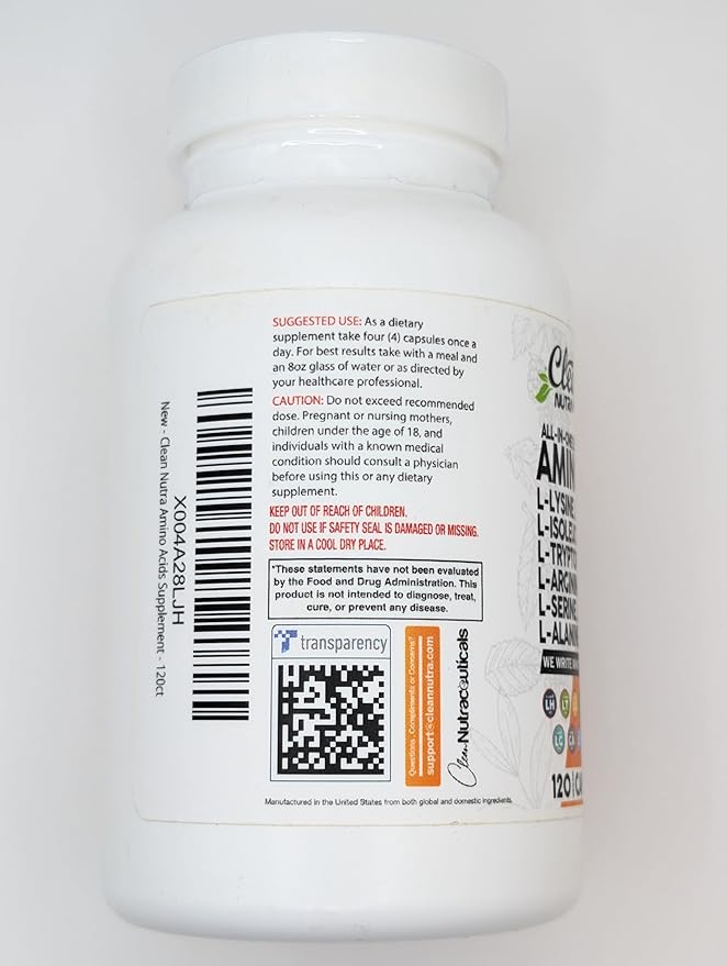 Clean Nutraceuticals Amino Acids Supplement L-Lysine, L-Threonine, L-Leucine, Isoleucine, Valine, L-Histidine, L-Tryptophan, L-Methionine, L-Arginine, L-Cysteine, L-Glutamine, L-Serine, Aspartic Acid