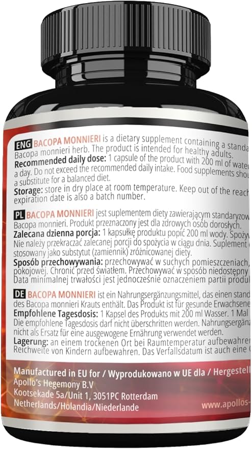 APOLLO'S HEGEMONY Bacopa Monnieri Extract 500mg, High Strength Brahmi Extract (50% Bacosides), 90 Vegan Capsules, 3 Months Supply, Herbal Supplements for Enhanced Mental Clarity and Focus