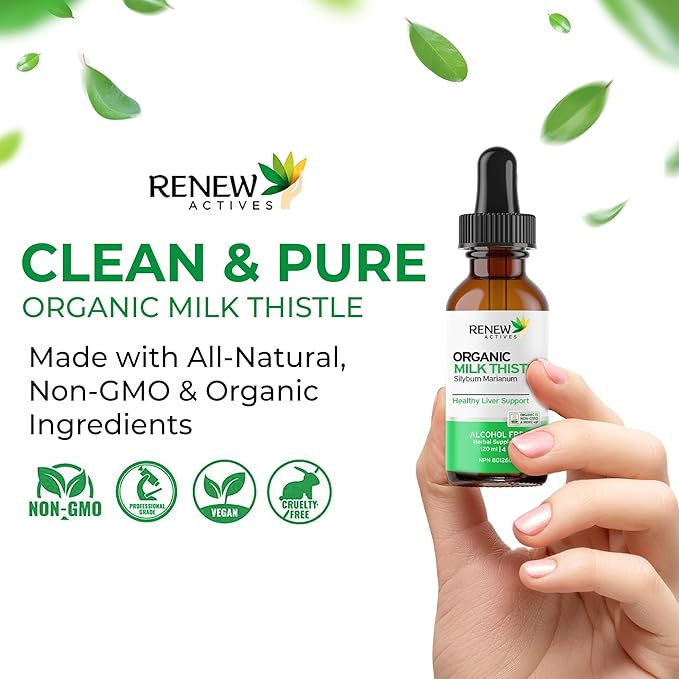 Renew Actives Milk Thistle Liquid Extract 110MG per 2ML – Liver Support Drops for Optimal Health – No Alcohol, Non-GMO, Vegan – Supports Liver Function & Digestive Health – Made in Canada – 4 fl oz