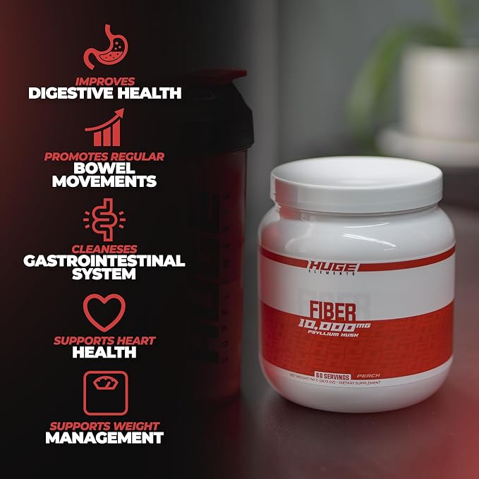 Huge Supplements Fiber, 10 Grams of Premium Psyllium Husk Powder, Soluble Fiber for Digestive Health & Functions, Natural Prebiotic with Delicious Flavors (60 Servings) (Peach)