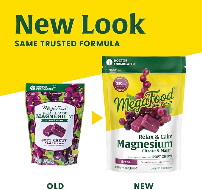 MegaFood Relax + Calm Magnesium Supplement - Soft Chews with Magnesium Citrate & Malate for Heart Health, Muscle Tension & More - Vegetarian - Grape-Flavor - 60 Chews (30 Servings)