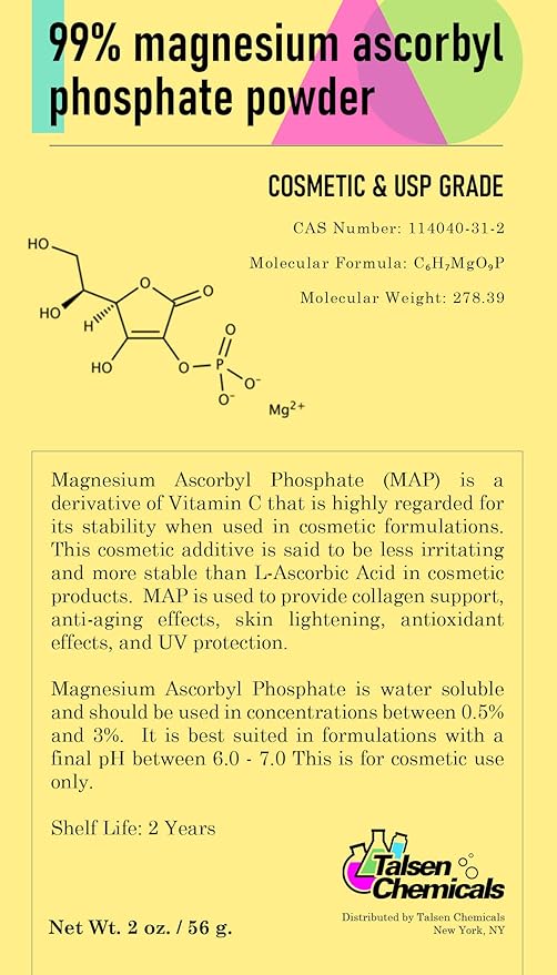 Magnesium Ascorbyl Phosphate Powder, Magnesium Ascorbyl Phosphate Stable Vitamin C, Magnesium Ascorbyl Phosphate MAP Powder for DIY Skincare Products Talsen Chemicals (4 Ounce / 113 Grams)