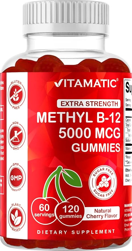 Vitamatic Extra Strength Vitamin B12 5000 mcg (Methyl B12) Gummies - 120 Count - Energy Metabolism Support and Nervous System Health Support, Natural Cherry Flavored (1)
