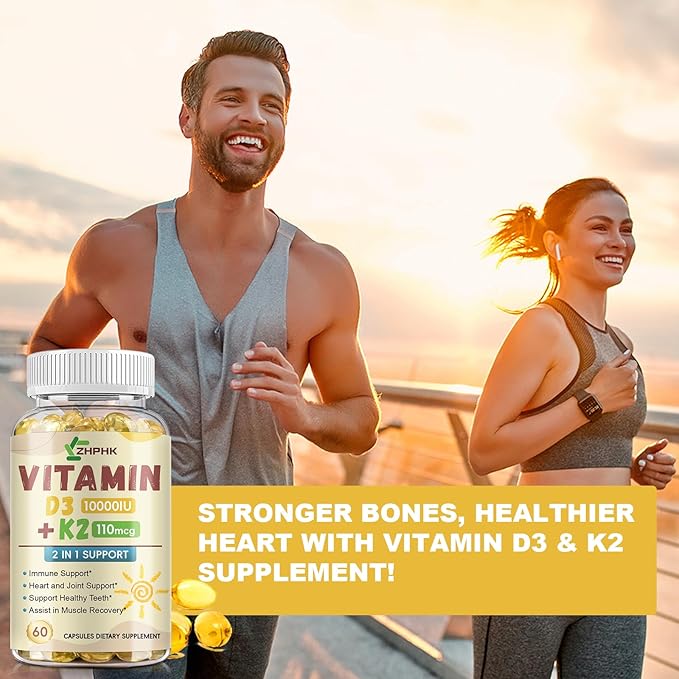 D3 K2 Vitamin 10,000 IU, K2 Vitamin with D3 Supplement High Potency Non-GMO Formula, Immune Supports, Bone & Heart Health Microingredients Vitamin D3 K2 Complex (MK-4 & MK-7), 60 Softgels