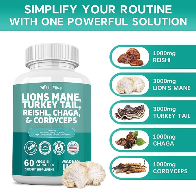Lions Mane 3000mg Turkey Tail 3000mg Reishl 1000mg Chaga 1000mg Cordyceps Powder Extract Containing Maitaake Shiitake Black Fungus,Brain Supplement, Mineral Supplements, 60 Capsules