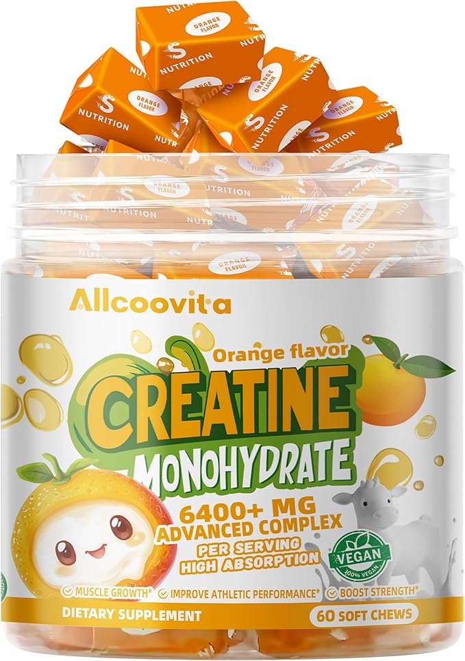 Creatine Monohydrate Chews Complex 6400mg for Men & Women -Advanced Formula W/L-Taurine + Vitamin B12, Sugar Free Chewable Supplement,60 Orange Softchews