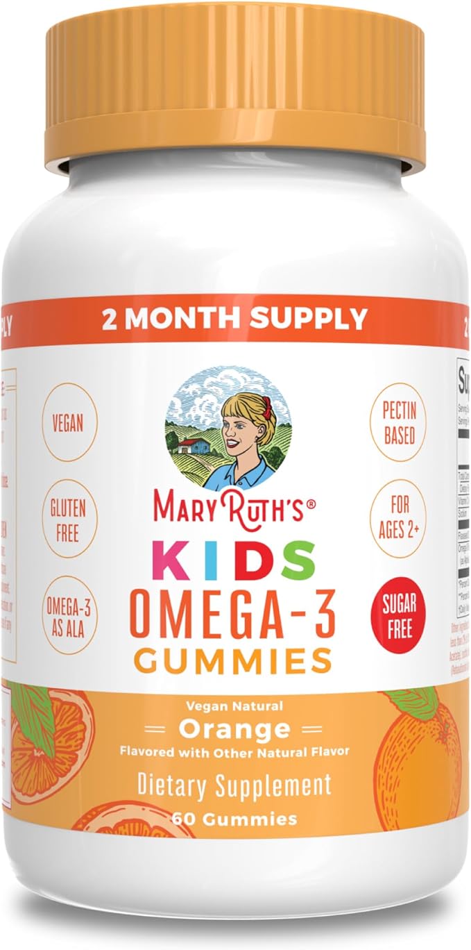 MaryRuth Organics Vegan Omega 3 Gummies for Kids 2+, 2 Month Supply, Sugar Free, Omega 3 Supplement with Vitamin C, Flaxseed Oil, Immune Support, Essential Nutrient ALA, No Fish Taste, 60 Count