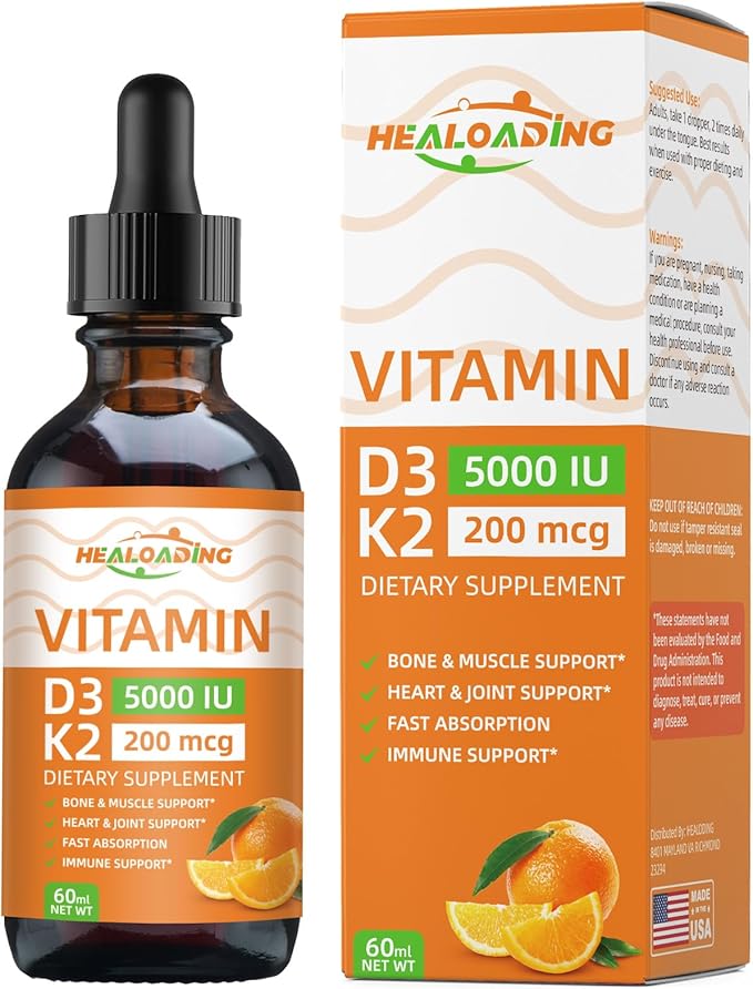 HEALOADING Vitamin D3 K2 Drops, Organic Plant D3 + K2, Vitamin D Liquid 5000 IU, K2 200 mcg Liquid K2 D3 Vitamin Supplements for Body’s Defenses, Faster Absorption, Healthy Bones and Immune Support