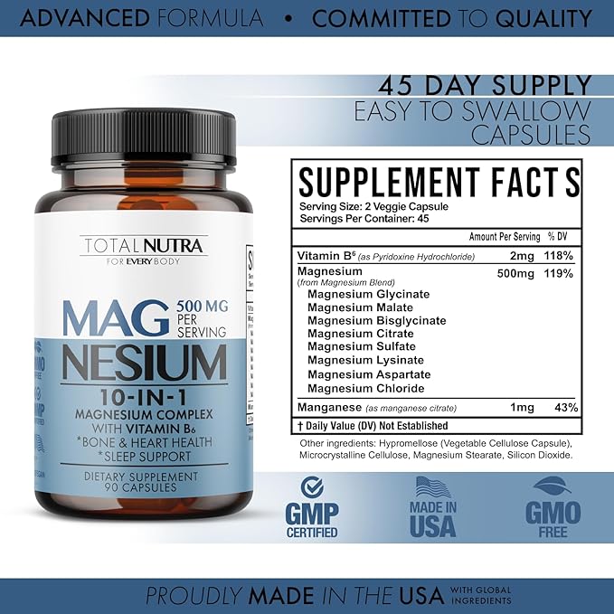 10-in-1 Magnesium Supplement 500 mg | High Absorption Magnesium Complex with Mag Glycinate, Citrate, Vitamin B6 Magnesium for Sleep, Muscle, Bone & Heart Health, Vegan & Gluten-Free, 45 Day Supply