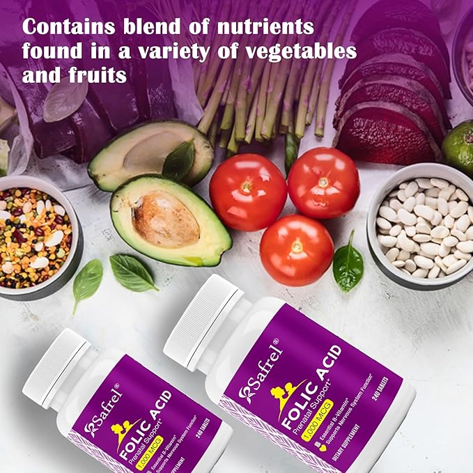 Safrel Folic Acid 1000 mcg (1 mg) - Vitamin B9-240 Tablets, Essential Prenatal and Postnatal Vitamin for Fetal Development, Red Blood Cell Production, Cell and Neural Development | Non-GMO, Vegan