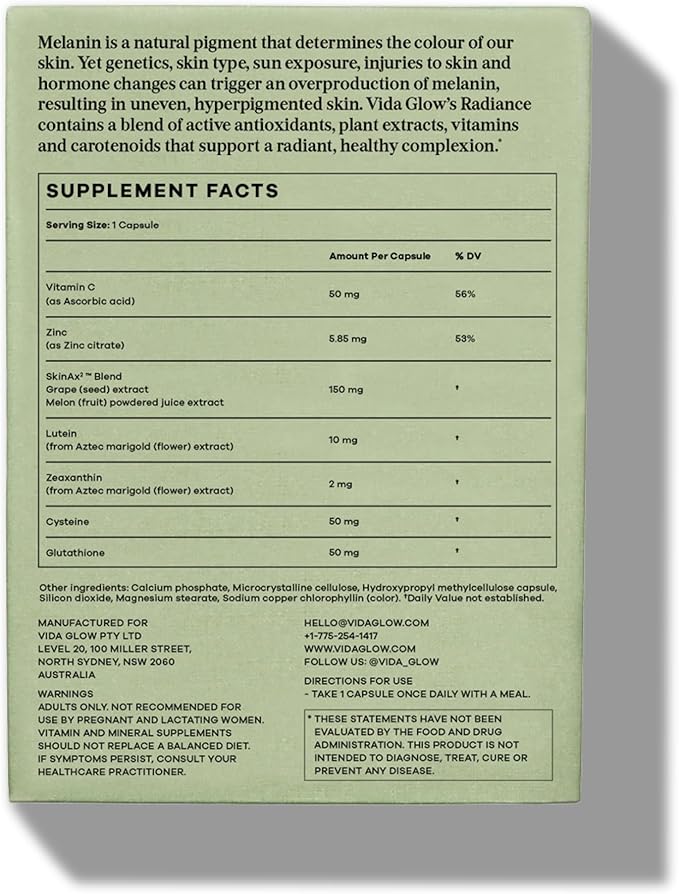 Vida Glow Radiance Supplement Capsules - Anti Aging Supplement - Targeting Dark Spots, Uneven Skin Tone, Redness Relief - Promotes Glowing Skin | 30 Servings
