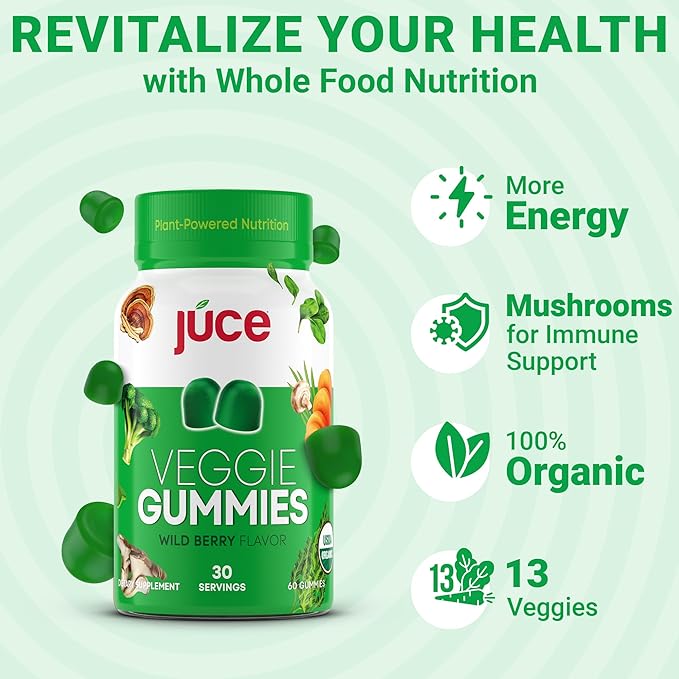 Juce Veggie Whole Superfood Gummies, Wild Berry Flavor - Plant-Based Energy, Vegan, Non-GMO, Soy Free, Nutrient-Packed, By Terra Kai Organics
