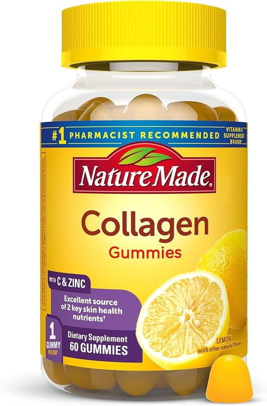 Nature Made Collagen Gummies with Vitamin C, Zinc and Biotin, Hydrolyzed Collagen Peptides Supplement for Healthy Skin Support, 60 Gummies, 60 Day Supply