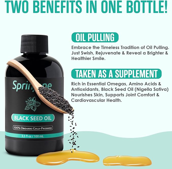 SprinJene Naturalยฎ 100% Pure Organic Black Seed Oil Cold Pressed for Oral Wellness, Nigella Sativa Black Seed Oil, Black Cumin Seed Oil Organic, Omega 3 6 9, Nourishes Skin, Supports Joint, 3.5 fl oz