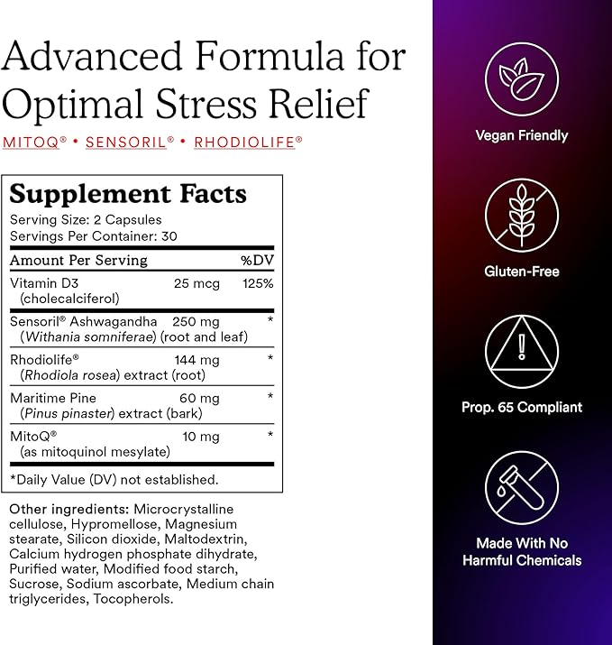 MitoQ +Balance | Sensoril Ashwagandha, Rhodiola & Maritime | Support Balanced Cortisol Levels, Stress Management, Restorative Sleep & Cell Health (60 Capsules)