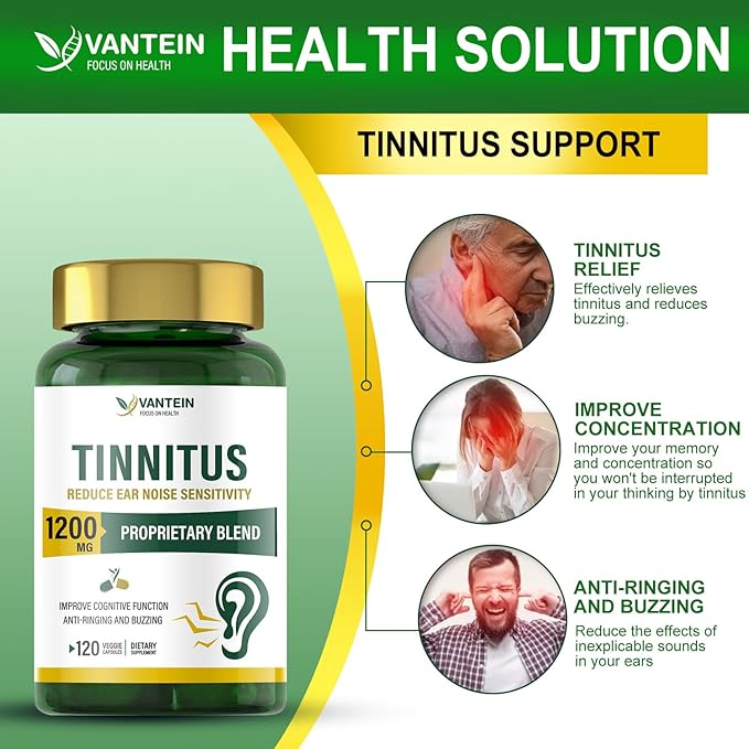 Tinnitus Relief for Ringing Ears 1200 MG - 120 Capsules Supports Hearing Loss & Ear Pain Relief | 60-Day Supply | Ear Health Vitamins for Men & Women
