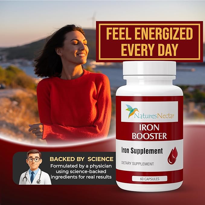 Nature's Nectar Iron Booster - Iron Supplement for Women - Helps Boost Red Blood Cell Production with Slow Release Non Constipating Ferrous Pills for Women - Best for Anemia