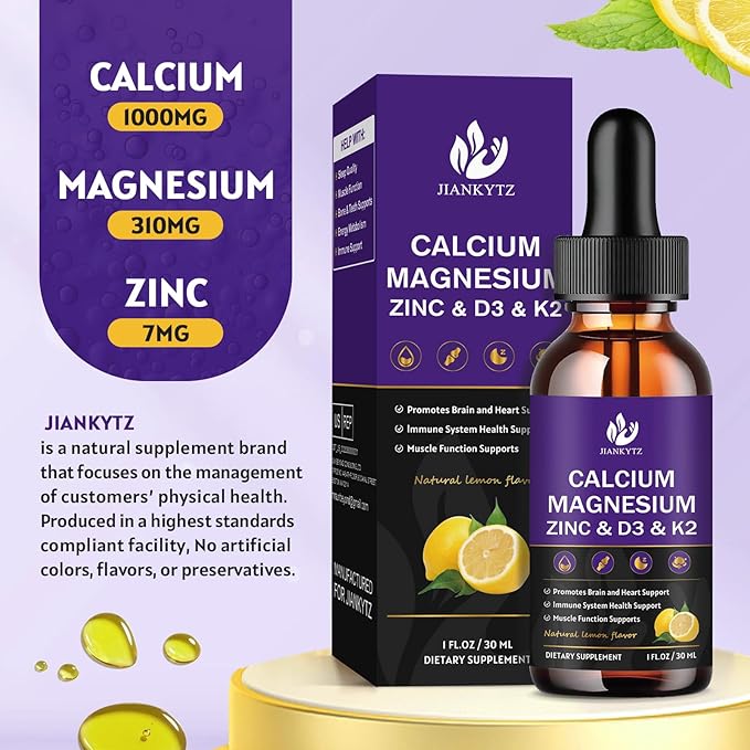 Calcium Magnesium Zinc 1300mg with Magnesium Glycinate, Vitamin C D3 K2 B6 and Sea Moss | Calcium Supplement Calcium with Vitamin D3 K2 Liquid Drop | Gluten Free | 2 Pack