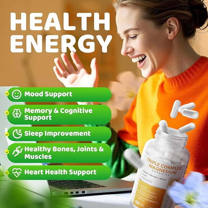 Triple Magnesium Complex - Magnesium Glycinate, Taurate & Malate Supplement with Omega3, Ashwagandha, GABA, for Sleep, Muscle, Brain & Heart Support - High Absorption and Gentle, Vegan, 120 Capsules