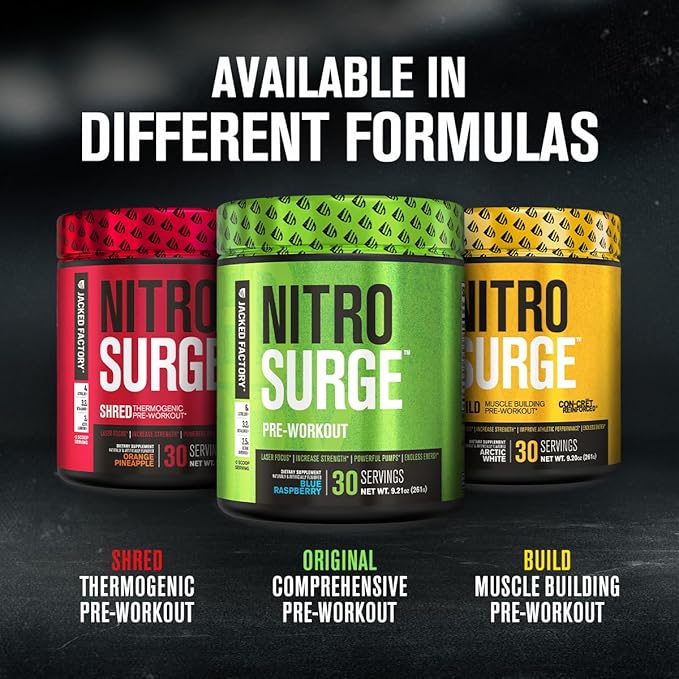 Jacked Factory NITROSURGE Pre Workout Supplement - Endless Energy, Instant Strength Gains, Clear Focus, Intense Pumps - Nitric Oxide Booster & Preworkout Energy Powder - 60 Servings, Cherry Limeade