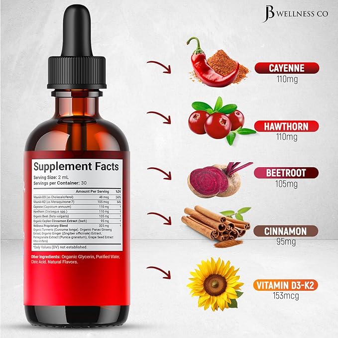 Cayenne Pepper Supplement Liquid Drops + Hawthorn Berry, Vitamin D3 K2 Beet Root Powder, Ceylon Cinnamon, Turmeric Curcumin, Organic Panax Ginseng - 2oz