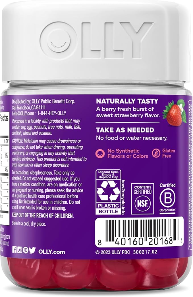 OLLY Sleep Gummy, 3 mg Melatonin, L-Theanine, Chamomile, Lemon Balm, Sleep Aid, Strawberry, 60 Count