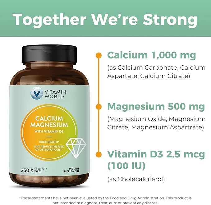Vitamin World Calcium Magnesium with Vitamin D3, Bone Health, Muscle & Nerve Function Support, with Calcium 1000mg, Magnesium 500mg, Rapid-Release, Gluten & Dairy Free, 250 Capsules