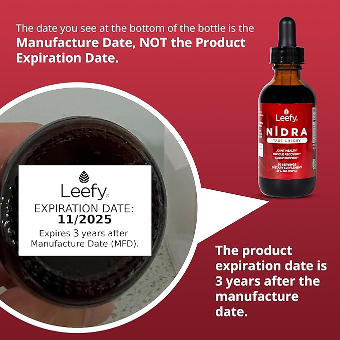 Leefy Organics Tart Cherry Supplement Nidra - Fast Absorbing, Non-GMO, Gluten-Free - Promotes Recovery, Joint Support, Sleep & Circulation for Adults - 2 Oz